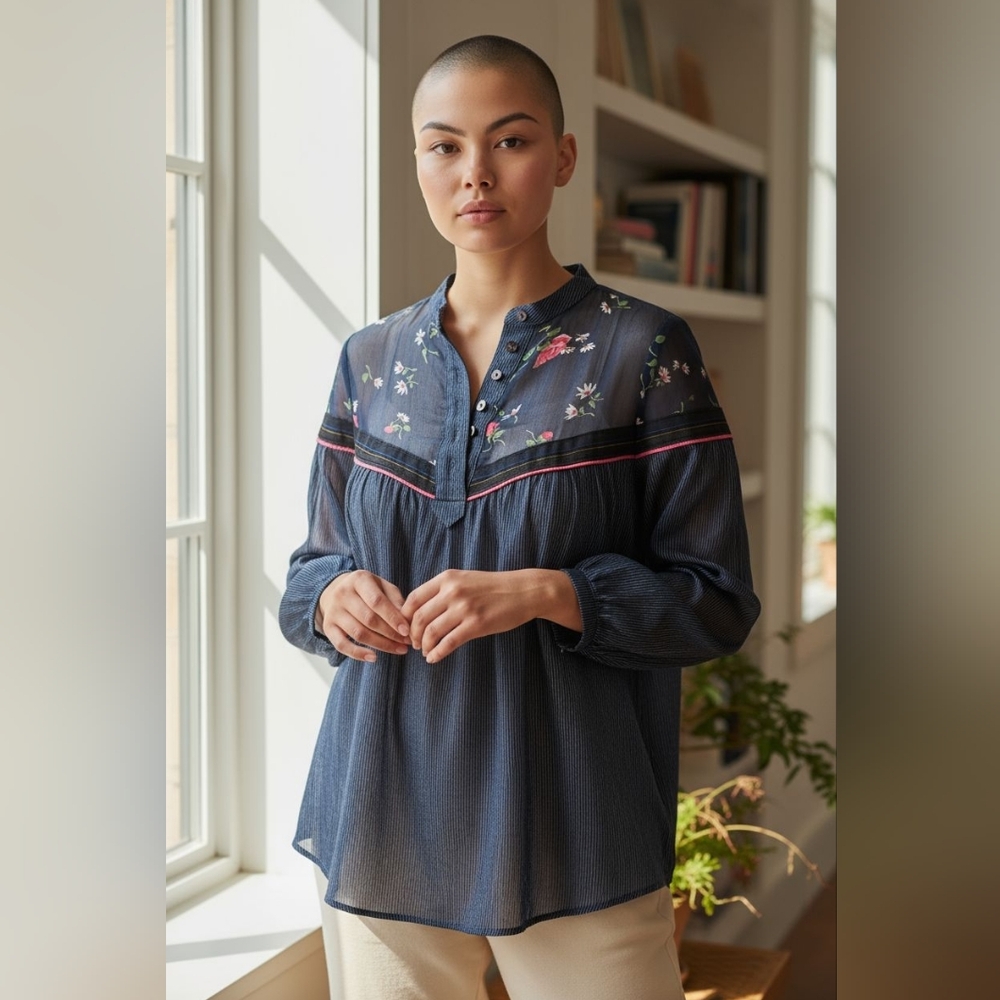 Free People Navy Floral Embroidered Blouse
